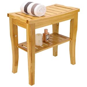 Bamboo Shower Bench with Storage Shelf, 2-Tier Spa Seat Bath Stool for Indoor, Shower Chair Bamboo for Adults Seniors Women Elderly