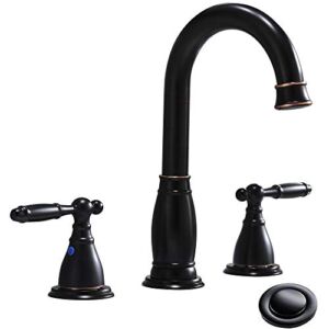 2-Handle 8 Inch 3 Hole Oil Rubbed Bronze Widespread Bathroom Faucets by phiestina, with Valve and Metal Pop-Up Drain, WF017-4-ORB