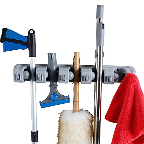 JSMASTER Wall Mounted Broom Mop Tool Holder- 5 Clamps and 6 Foldable Hooks – Fits 4/5 -1 1/4 inch Tools’ Handle for Home, kitchen, Garden, Tools, Garage Organizing 1Pack Gray | The Storepaperoomates Retail Market - Fast Affordable Shopping