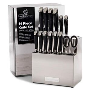 Kitchen Knife Set with Block, 14 pc, Stainless Steel – Complete Culinary Sets – Gourmet Chef, Pairing, Cooking, Steak Knives with Scissors and Built-In Sharpener – All-Purpose, Full Tang