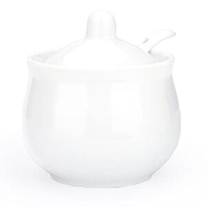 Swetwiny Porcelain Sugar Bowl with Lid and Spoon, Ceramic Salt Storage Jar, White Seasoning Container for Home and Kitchen, 7 Ounces (White)
