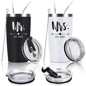 Mr and Mrs 2022 Tumbler Set, Engagement Wedding Gifts for Couples Newlyweds Wife Husband Bride To Be Newly Engaged Bridal Shower Anniversary, 20oz Stainless Steel Insulated Travel Tumbler, Black&White
