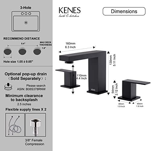 KENES Black Widespread Bathroom Faucet Matte Black 3 Hole Bathroom Sink Faucet 8-Inch, 2 Handle Bathroom Faucet Vanity Faucet with Lead-Free Supply Hose, KE-9050-2 | The Storepaperoomates Retail Market - Fast Affordable Shopping