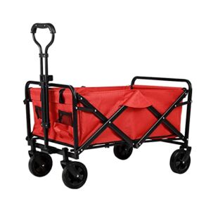 4 Wheel Outdoor Leisure Cart – Folding Trolley Utility Wagon Travels with Storage Bag & Cup Holders – Collapsible Fold Up Trolley for Festival, Beach, Camping, Garden, Fishing Use,Red