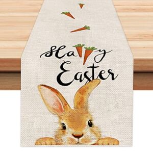 ARKENY Happy Easter Rabbits Carrot Table Runner 13×72 Inches Seasonal Spring Decor Bunny Holiday Farmhouse Indoor Vintage Theme Gathering Dinner Party Decorations