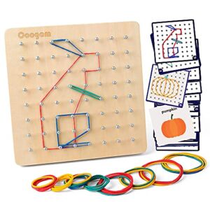 Coogam Wooden Geoboard Mathematical Manipulative Material Array Block Geo Board – Graphical Educational Toys with 30Pcs Pattern Cards and Latex Bands Shape STEM Puzzle Matrix 8×8 Brain Teaser for Kid