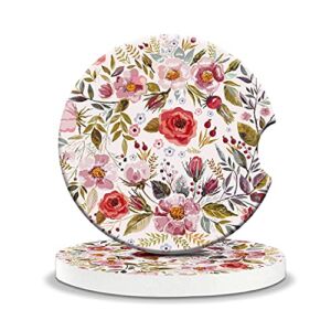 Car Coasters for Drinks Absorbent,Cute Car Ceramic Coasters,Cup Holder Coasters for Your Car with Fingertip Grip,Auto Accessories for Women & Lady,Pack of 2,Pink Floral