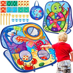 Bean Bag Toss Game Toys for Kids, Ocean Theme Double-Sided Foldable Cornhole Board Toddler Toys, Outdoor Play and Party Supplies Toy Gifts for Boys Girls Age 3 4 5 6 7 8