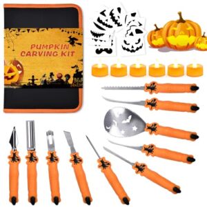 BQYPOWER Pumpkin Carving Kit, 10-Pack Halloween Pumpkin Carving Tools with 10 Emoji Templates & 6 Candle Lights, Premium Stainless Steel Pumpkin Carving Knife with Oxford Bag for Halloween Decoration