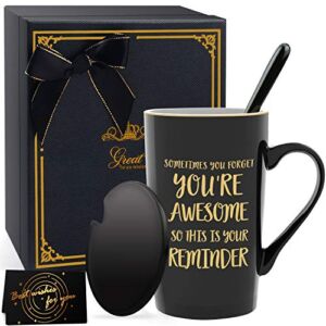 Inspirational Gifts for Men, Birthday Gifts for Brother Sometimes You Forget You’re Awesome, Thank You Gift for Mom, Daughter, Sister, Coworker – Coffee Mugs with Lid and Spoon 14oz