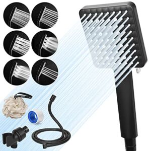 Shower Head with Handheld,Rain Black Square Shower Head with Hose,High Pressure 6 Spray Settings Rainfall Detachable Shower Heads Set with 59″ Stainless Steel Hose/Bracket/Shower Loofahs/Tape