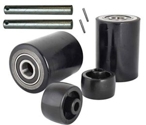 Pallet Jack/Truck Load Wheels Set with Axles and Entry Exit Roller 2.75″ x 3.75″ with Bearings ID 20mm Poly Tread Black