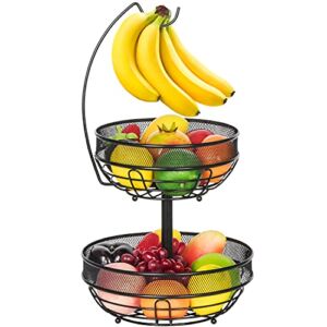 Bextsrack 2-Tier Fruit Basket Bowl with Banana Hanger, Detachable Vegetable Storage for Kitchen Countertop, Black