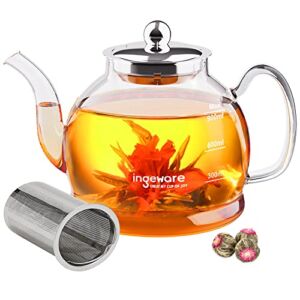 Ingeware Glass Tea Pot,Glass Teapot with Removable Stainless Steel Infuser, Glass Tea Kettle for Microwave & Stovetop, 1000ml Borosilicate Teapot for Loose & Blooming Tea