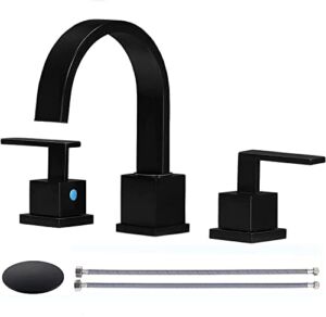 KINGO HOME Matte Black Bathroom Faucet, Black Faucet Bathroom 3 Hole 8inch Widespread Waterfall 2 Handle Black Faucets Bathroom Sink Vanity Faucet with Pop Up Drain and Supply Lines