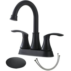 Friho Lead-Free Modern Commercial Two Handle Matte Black Bathroom Faucet, Bathroom Sink Faucet 3 Hole Bath Vanity Faucets with Drain Stopper and Water Hoses