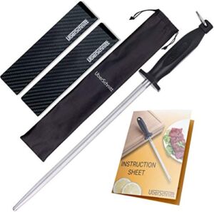 Top Chef’s 12′ Knife Rod + Knife Guard Honing Steel Complete Kit | Professional Carbon Steel Honing Rod & Luxury Carry Bag – Universal Honing Rod / Stick for Kitchen, Butcher, Chef Knives and More(12)