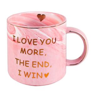 OEAGO Funny Gifts Mug for Girlfriend Women Wife. Funny Gifts 12 oz Marble Pink Coffee Mug,Christmas Valentine’s Day Birthday Gift for Her Him Wife Print I Love You More The End I Win
