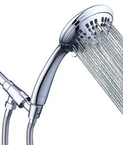 G-Promise High Pressure Shower Head 6 Spray Setting Hand Held Shower Heads with Adjustable Solid Brass Shower Arm Mount Extra Long Flexible Stainless Steel Hose (Chrome)