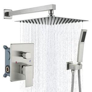 DMDMBATH Shower System Brushed Nickel with 10 inch Rain Shower Head High Pressure Shower Faucet Set Shower Fixture Complete Combo Set Bathroom Bathtub Shower Trim Systems (Brushed Nickel)