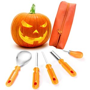 Halloween Pumpkin Carving Kit Tools,Professional Heavy Duty Stainless Steel Pumpkin Carving Sets Manual Pumpkin Carving Knife with Zipper Bag Engraving Paper Crafts,Easily Sculpting（5 Piece ）