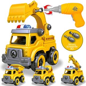 4-in-1 Take Apart Car Toys for Boys, DIY Engineering Construction Truck Toy Vehicle – Dump Truck, Cement Mixer, Excavator, Crane, Kids Building Educational Toy Gift for Age 3 4 5 6 7 8 Year Old Girls