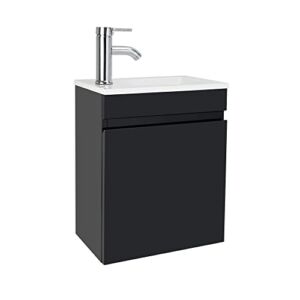 AHB 16″ Bathroom Vanity W/Sink Combo for Small Space, Wall Mounted Bathroom Cabinet Set with Chrome Faucet Pop Up Drain U Shape Drain(Black)…