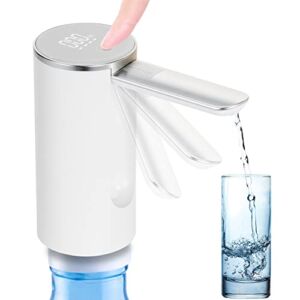LAND CAST Universal Water Bottle Pump Dispenser 1-5 Gallon,Foldable Automatic Water Bottle Pump,Portable Electric Water Pump,Type-C USB Charging,Digital Display in Milliliters (White)