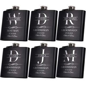 Set of 6, Groomsmen Gifts for Wedding | Personalized Groomsmen Flasks w/Optional Gift Box, Bachelor Party Team, 6 oz. Custom Engraved Hip Flasks for Best Man and Groomsman Proposal #3