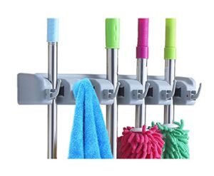 Surick Mop and Broom Holder ,Storage Tool for Broom Organizer Rack Attachments with 5 Ball Slots and 6 Hooks(Gray)