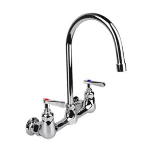 KWODE Wall Mount Faucet 8 Inch Center Commercial Kitchen Sink Faucet with 6″ Gooseneck Swivel Spout 2 Handles Control Brass Contructed Chrome Finish