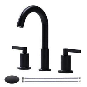 KINGO HOME Widespread 3 Hole Matte Black Bathroom Faucet, 2 Handle Black Bathroom Sink Faucet Modern Vanity Faucet with Supply Hoses, Pop Up Drain Stopper for Bathroom Sink