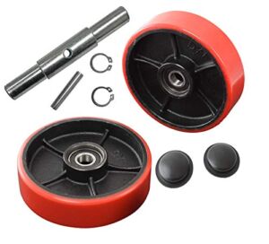 Pallet Jack/Truck Steering Wheels Set with Axle and Protective Caps (4 pcs) 7″ x 2″ with Bearings ID 20mm Poly Tread Red