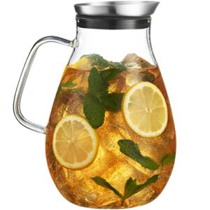 MITBAK 84- OZ Glass Pitcher With Stainless Steel Lid | Beautiful Lightweight Beverage Jug Carafe With A Wide Handle | Great For Cold & Hot Drinks Like Tea, Lemonade, Juice, Water, Coffee, Cold Brew