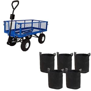 Sunnydaze Blue 660-Pound Capacity Utility Steel Dump Garden Cart with Removable Sides and Five Black 300 GSM Non-Woven Polypropylene Felt Fabric 2-Gallon Garden Grow Bags Bundle