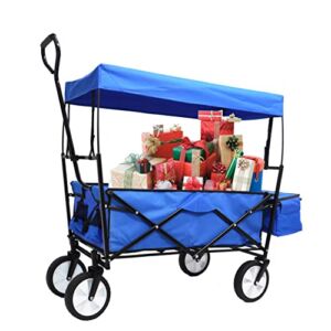 Collapsible Outdoor Utility Wagon with Removable Canopy, Folding Garden Shopping Beach Cart with Adjustable Handles Cup Holders and Storage Bag, for Outdoor Activities (Blue with Canopy)