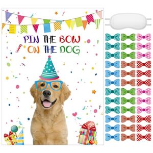 38 Pcs Pin The Tail on The Puppy Dog Party Games Give The Dog a Bow Pin The Dog Poster for Kids with Blindfolds and Stickers for Puppy Dog Themed Birthday Party Supplies Decorations