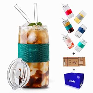 ColoVie Can Shaped Drinking Glass Cups with Lids and Glass Straws 6pc Set-16oz Travel Glass Tumbler Cup with No Slip Silicone Accessories, Iced Coffee Cup, Soda Beer Can Glasses, Securely Boxed-Gift
