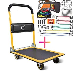 Push Cart Dolly by Wellmax, Moving Platform Hand Truck, Foldable for Easy Storage and 360 Degree Swivel Wheels with 330lb Weight Capacity, Yellow Color with Bungee Cord Set
