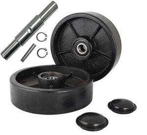 Pallet Jack/Truck Steering Wheels Set with Axle, Fasteners and Protective Caps (4 pcs) 7″ x 2″ with Bearings ID 20mm Poly Tread Black