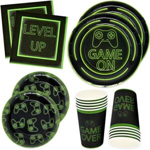 Gift Boutique Video Gaming Party Plates Supplies Set 24 9″ Plate 24 7″ Plates 24 9 Oz Cups 50 Luncheon Napkins for Gamer Birthday Decorations Gaming Themed Tableware- Level Up Game Over Game On