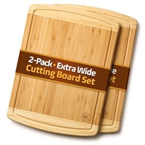 Bamboo Cutting Boards – 2-Pack Wood Cutting Board, Wooden Cutting Boards for Kitchen, 2 Large Cutting Boards – Also Suitable as Charcuterie Boards and Serving Trays – 17.5 x 13 x .75 In