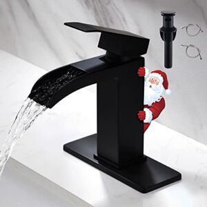 BRAVEBAR Waterfall Bathroom Faucet Black – Single Handle Bathroom Sink Faucets 1 or 3 Hole Solid Brass Vanity Faucet with Deck Plate & Overflow Pop Up Drain Matte Black