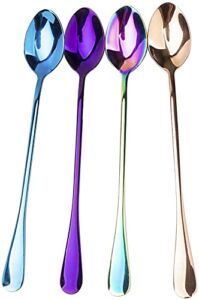 JUCOXO Long Handle Iced Tea Spoon, Stainless Steel Coffee Mixing Spoons, Long Cream Dessert Spoons Set of 4 (Multicolor), Dishwahser Safe