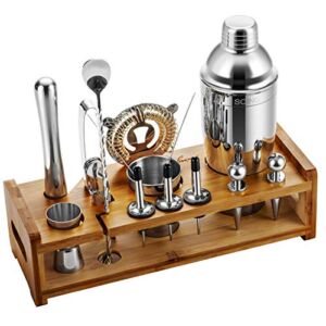 Soing Silver 24-Piece Cocktail Shaker Set,Perfect Home Bartending Kit for Drink Mixing,Stainless Steel Bar Tools With Stand,Velvet Carry Bag & Recipes Included