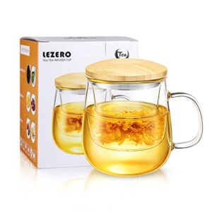 Lezero Glass Tea Infuser Cups with Strainer and Lid, 15 ounce Heat Resistance Borosilicate Glass Teacups for Blooming Tea & Loose Leaf Tea, Lead-free, Microwave & Dishwasher Safe – For Tea Lovers