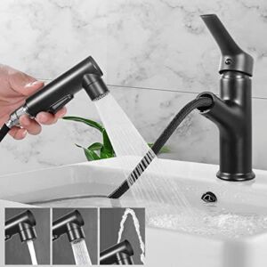 JuriShan Bathroom Faucets,Bathroom Sink Faucet with Pull Out Sprayer,Upgraded 3 Water Flow Modes Matte Black Single Hole Utility Sink Faucet with Supply Hose,Fit for Bathroom Vanity,Laundry,RV,Bar