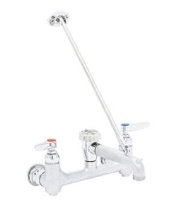 T&S Brass B-0665-BSTR Service Sink Faucet. 8″ Wall Mount with Built in Stops, Vacuum Breaker, and Pail Hook. Rough Chrome with Garden Hose Male Outlet. (Pack of 1)