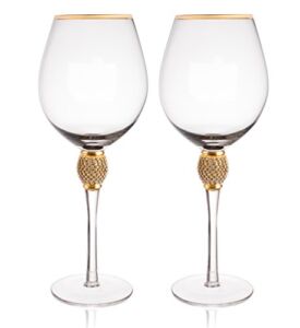 Trinkware Gold Rimmed Wine Glasses Set of 2 – Rhinestone Champagne Flutes”DIAMOND” Studded – Long Stem, 16oz, 10-inches Tall – Elegant Glassware And Stemware
