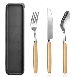 Portable Utensils Set with Case,Reusable Office Flatware Silverware Set,Healthy & Eco-Friendly Stainless Steel&Wood Full Size Fork,Spoon,Knife Cutlery Ideal for Travel,Lunch Box and Camping
